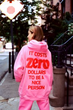 This fleece hoodie has a super cozy feel with a oversized relaxed fit and meant to be worn year-round. Pink fleece oversized hoodie 50% Cotton / 50% Polyester 'It Costs Zero Dollars To Be A Nice Person' screen printed on chest ' It Costs Zero Dollars To Be A Nice Person' screen printed on back 'Mayfair' embroidered on hood Image 1: Model is 5'7" and is wearing S/M (Wash care instructions) Turn inside out and machine wash cold with like colors (Dry care instructions) Hang dry Be A Nice Person, The Mayfair Group, Mayfair Group, Nice Person, Sweatpants With Pockets, Pink Sweatpants, Pink Fleece, Cami Nyc, Navy Hoodie