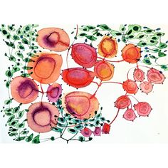 a painting of flowers and leaves on a white background with watercolors in the middle