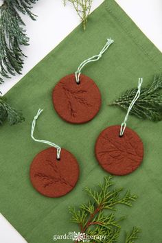 three red coasters sitting on top of a green napkin next to evergreen branches and pine cones