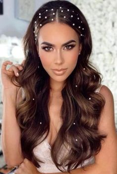 Open Party Hairstyles, Rhinestone Hair Braid, Hair Styles Glitter, 21st Hairstyles Long Hair, Hair Styles For 21st Birthday Party, Nye Party Hairstyles, Glitz And Glam Hair And Make Up, Glitz And Glam Make Up Look, Cute Hairstyles For Long Hair Wedding