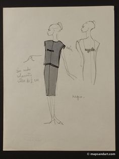 a drawing of two women standing next to each other, one wearing a dress and the other in a top