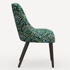 an upholstered green chair with black legs and floral print on the seat, against a white background