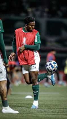 a man kicking a soccer ball on top of a field