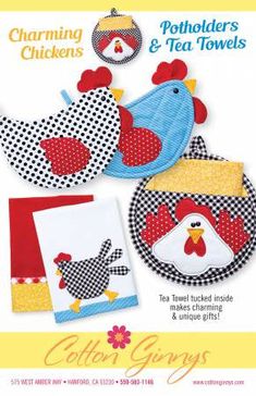 an advertisement for the chicken potholders and tea towels pattern book, featuring two roosters