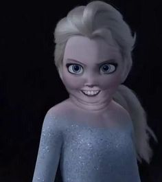 an animated doll with blonde hair and blue eyes is smiling at the camera while standing in front of a black background