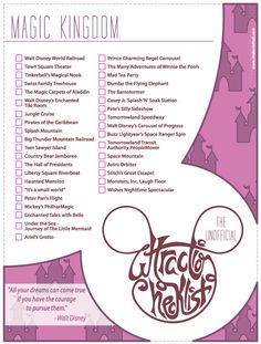 the magic kingdom checklist is shown in purple