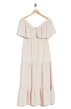 An open back enhances the breezy, boho vibe of a flutter-sleeve maxi dress fashioned in a crinkled, tiered silhouette. 56" length Ties in back Deep V-neck Short sleeves Unlined 96% polyester, 4% elastane Hand wash, line dry Imported Summer Sundress With Flutter Sleeves, Feminine Summer Chiffon Maxi Dress, Feminine Chiffon Maxi Dress For Summer, Beige Flowy Tiered Maxi Dress, Beige Tiered Maxi Dress For Vacation, Tiered Maxi Dress For The Beach, Spring Bohemian Chiffon Midi Dress, Summer Beach Maxi Dress With Flutter Sleeves, Flowy Short Sleeve Maxi Dress In Breezy Style