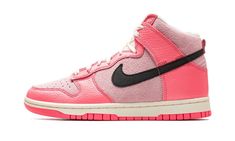 The Women’s Nike Dunk High “Hoops Pack - Pink” is a women’s version of the high-top retro basketball shoe in a colorway dedicated to its basketball heritage.  From the “Hoops Pack,” the “Pink” based Dunk High features plenty of the hue across its design.  Specifically, the shoe’s overlays are designed in pink tumbled leather while the base appears in hairy pink suede.  A black leather Swoosh is located on either side of the shoe.  Sail-colored laces match the hue of the nylon tongue.  A graphic Pink Basketball, Retro Basketball Shoes, Retro Basketball, Nike High, Two Fingers, Nike Dunk High, Dunk High, Cute Nikes, Pink Nikes