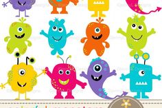 cute little monsters clipart set with different colors and sizes, including the one in the middle