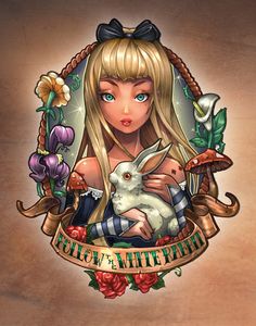 a girl holding a bunny in her arms with the words follow white rabbit on it