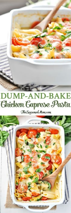 a casserole dish filled with dump - and - bake chicken caprese pasta