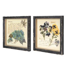 two framed pictures with flowers in them on a white background, one is blue and the other is yellow