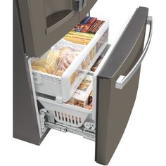 an open refrigerator with its door wide open and food in the freezer compartment, on a white background