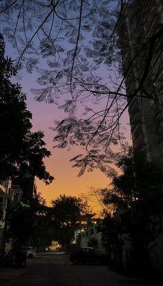 the sun is setting behind some tall buildings and trees in the foreground, with cars parked on the street below