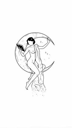 a black and white drawing of a woman sitting on the moon