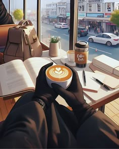 a person sitting at a table with a cup of coffee in front of a window