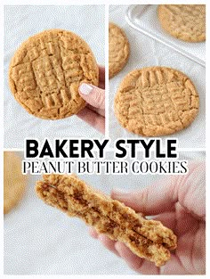 an image of baked peanut butter cookies being held up in front of the camera with text overlay