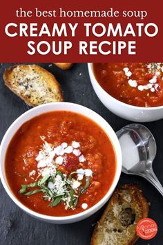 This easy Tomato Soup Recipe is the only homemade tomato soup! This easy soup recipe makes the fastest lunch or dinner! If you are looking for a quick one-pot dinner idea, this dinner recipe is cooked in under 20 minutes! Serve this tomato soup with toasted baguette slices. Something crunchy pairs best since tomato soup is typically a puree. Homemade Creamy Tomato Soup, Toasted Baguette Slices, Creamy Tomato Soup Recipe, Easy Tomato Soup Recipe, Easy Soup Recipe, Baguette Slices, Homemade Tomato Soup, Toasted Baguette, Tomato Soup Easy