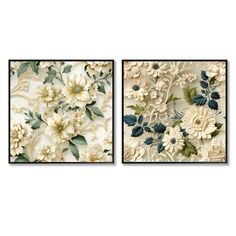 two paintings with flowers and leaves on the wall next to each other, one is white