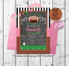 a football themed birthday party with pink and black stripes, chalkboard paper and an envelope