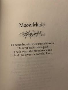 an open book with the words moon made written in black and white ink on it