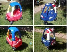 four different pictures of children's toy cars in the grass