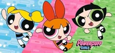 the powerpuff girls wallpaper with three cartoon characters in front of a colorful background