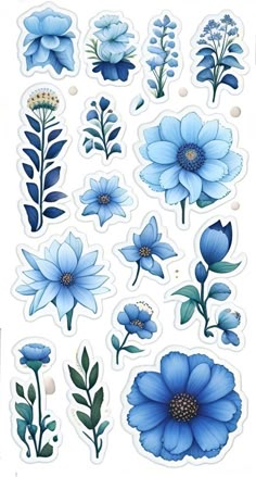 blue flowers and leaves stickers on a white background