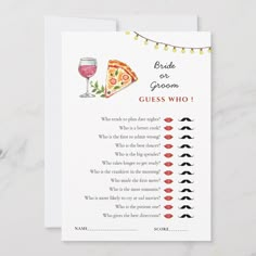 a card with the words bride and groom guess who to drink on it next to a glass of wine