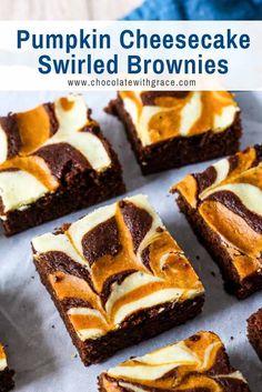 pumpkin cheesecake swirled brownies on a sheet of parchment paper with text overlay