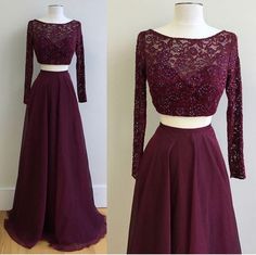 2 pieces pro mdress with long sleeves Maroon Prom, Maroon Prom Dress, Prom Dress With Lace, Burgundy Prom, Lace Beading, Prom Dress Long, Floor Length Prom Dresses, Purple Prom Dress, Long Sleeve Prom