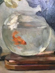 an oil painting of a goldfish in a bowl