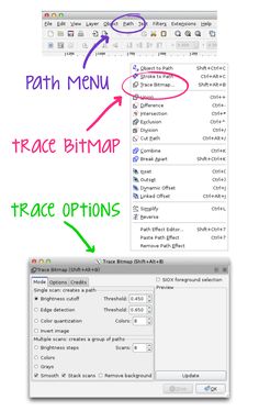 an image of a web page with the text path menu and trace bitmap options