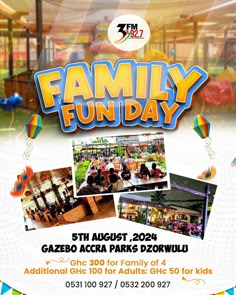 the family fun day flyer is shown