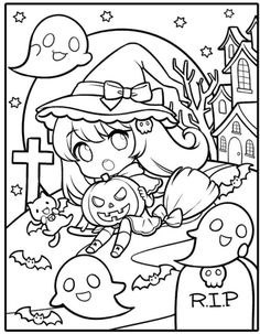 halloween coloring pages for kids and adults with pumpkins, ghost and graveyard in the background