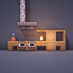 an image of a kitchen setting made out of wood and materials that look like furniture