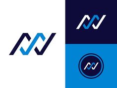 three different logos with the letter m and n on them, one in blue and white