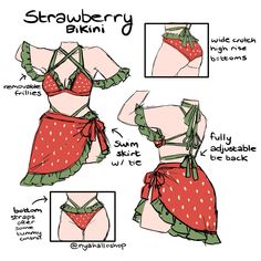 This will be available next month on nyahallo.com 🍓 Mushroom Swimsuit Drawing, Swimsuit Design Drawing, Dresses Drawing Design, Drawing Poses Ideas, Oc Outfit Ideas Drawing, Cute Outfit Ideas Drawing, Summer Top Crochet, Clothing Design Sketches, Drawing Anime Clothes