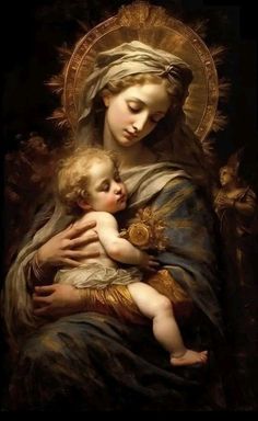 the virgin mary holding a child in her arms