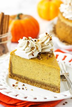 a slice of pumpkin cheesecake on a white plate