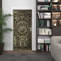 a living room with bookshelves and a door