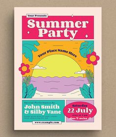 a flyer for a summer party with palm trees and the sun in the sky on it