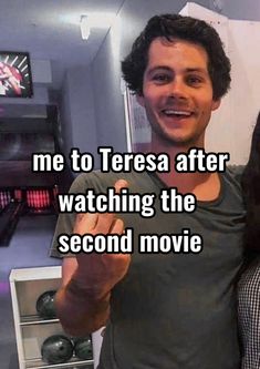 a man and woman standing next to each other with the words me to teresa after watching the second movie