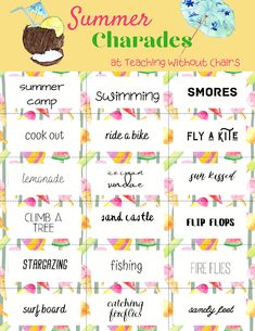 the summer charades chart for kids to learn how to use it in their classroom