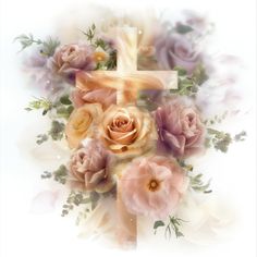 a cross surrounded by flowers on a white background