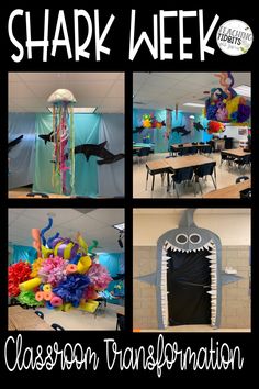 the classroom is decorated for shark week with balloons, streamers, and other decorations