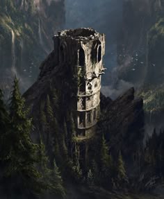 an old tower on top of a mountain surrounded by trees