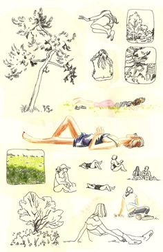 a drawing of a woman laying on the ground next to a tree and other things