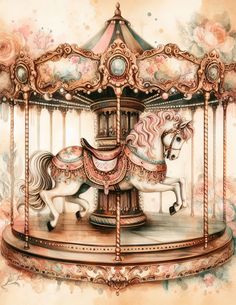 a painting of a merry go round with flowers