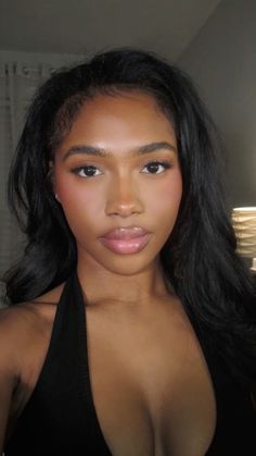 Peach Blush Black Women, Soft Glowy Makeup Black Women, Basic Beat Makeup, Enhanced Natural Makeup, Matte Makeup Black Women, Korean Ladylike Makeup Look, Simplistic Makeup Looks, Dark Femme Black Woman, Doe Eye Makeup Black Women